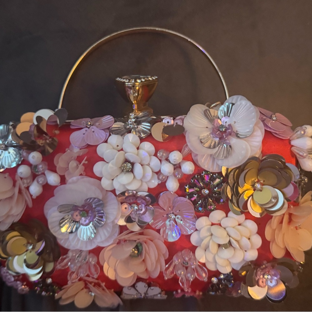 Floral Embellished Red Clutch